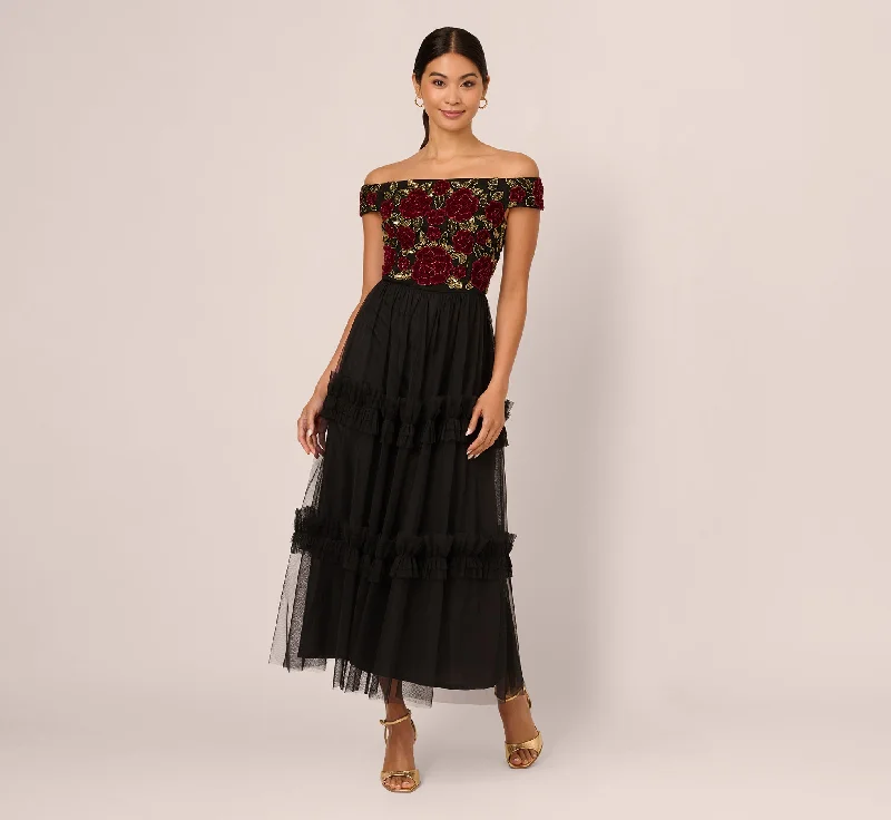 Velvet And Tulle Midi Dress In Black Red