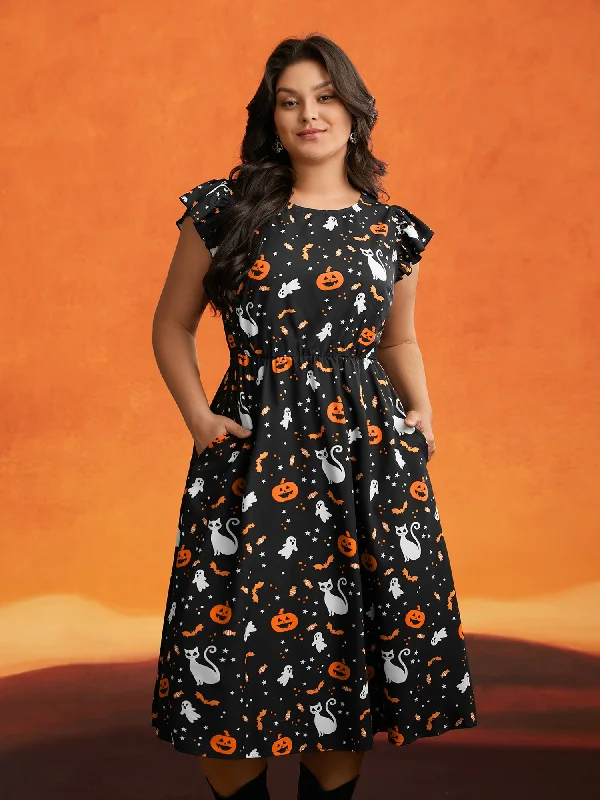 Pumpkin Printed Ruffle Sleeves Midi Dress